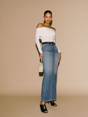 Classic High-Waist Blue Denim Maxi Skirt - Women Jeans Size 23 VGUC